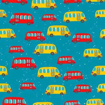 Seamless pattern with cute bus, car on color background. Cartoot transport Stock Illustration
