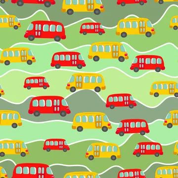 Seamless pattern with cute bus, car on color background. Cartoot transport Illustrazione stock