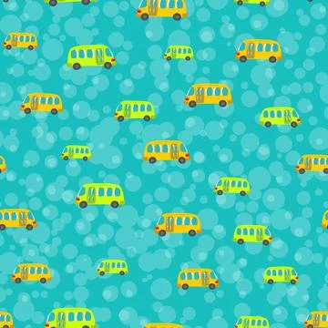 Seamless pattern with cute bus, car on color background. Cartoot transport Stock Illustration