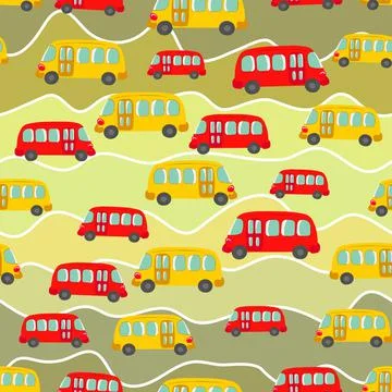 Seamless pattern with cute bus, car on color background. Cartoot transport Stock Illustration