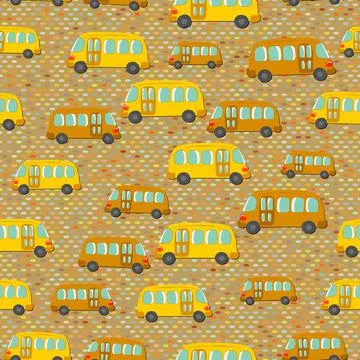 Seamless pattern with cute bus, car on color background. Cartoot transport Stock Illustration