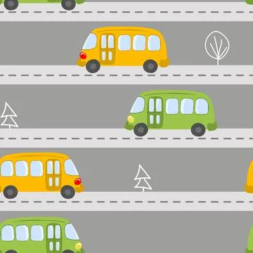 Seamless pattern with cute bus on color background. Cartoot transport. Vector Stock Illustration