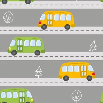 Seamless pattern with cute bus on color background. Cartoot transport. Vector Stock Illustration