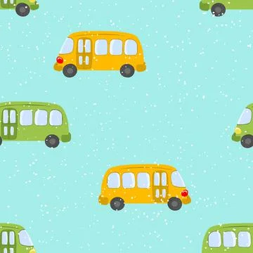 Seamless pattern with cute buses on blue background. Cartoot transport. Vector イラスト素材
