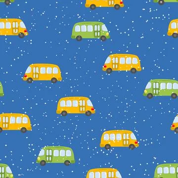Seamless pattern with cute buses on blue background. Cartoot transport. Vector Stock Illustration