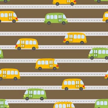 Seamless pattern with cute buses on color background. Cartoot transport. Vector Stock Illustration