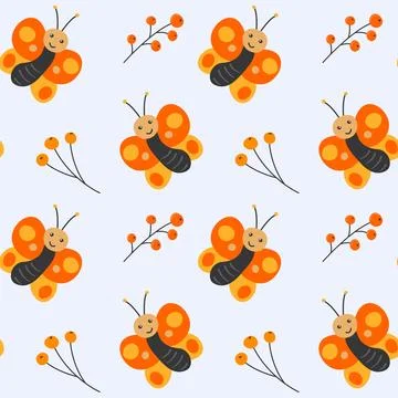 Seamless pattern with cute butterflies and twigs with berries in cartoon st.. Stock-Illustration