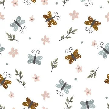 Seamless pattern with cute butterflies, flying insects. Simple naive vector Stock Illustration
