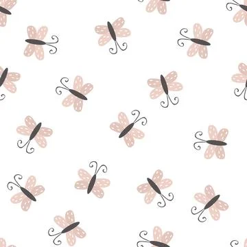 Seamless pattern with cute butterflies, flying insects. Simple naive vector Stock Illustration