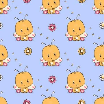 Seamless pattern with cute butterfly character on blue background with flowers Stock Illustration