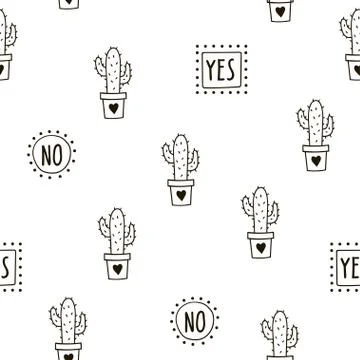 Seamless pattern with cute cacti and words. Vector template. Stock Illustration