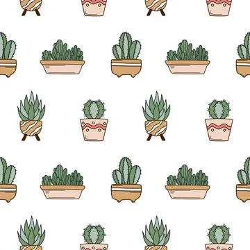 Seamless pattern with cute cacti in flower pots Illustrazione stock