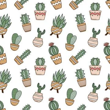 Seamless pattern with cute cacti in flower pots Stock Illustration