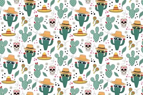 Seamless pattern with cute cacti in sunglasses, sombreros and sugar skulls .. Stock Illustration