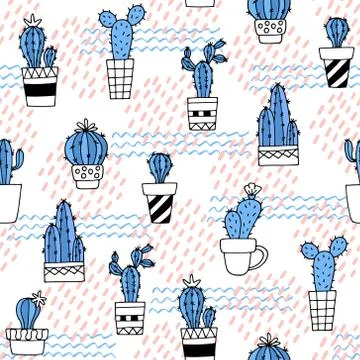 Seamless pattern with cute cactus and hand drawn textures.Perfect for fabric, Stock Illustration