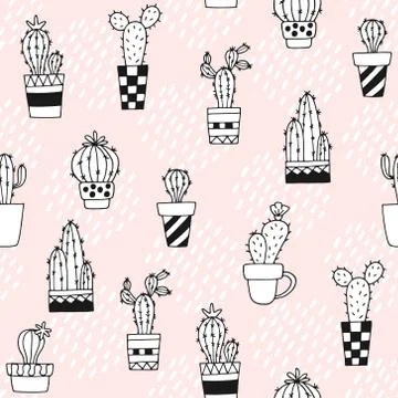 Seamless pattern with cute cactus and hand drawn textures.Perfect for fabric, Stock Illustration