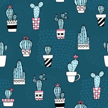 Seamless pattern with cute cactus and hand drawn textures.Perfect for fabric, Stock Illustration