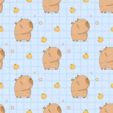 Seamless pattern. Cute calm Capybara on blue checkered background with tang.. Stock Illustration