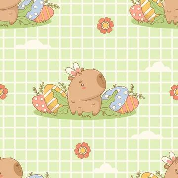 Seamless pattern. Cute calm Easter Capybara with Eggs on checkered green ba.. Stock Illustration