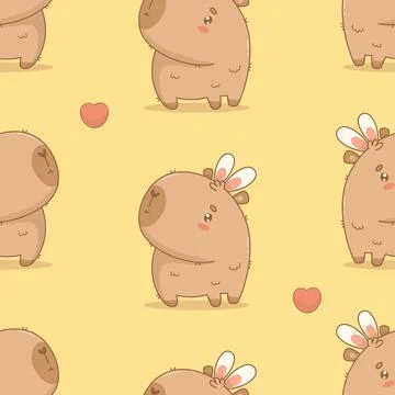 Seamless pattern. Cute calm Easter Capybara with Bunny Ears on yellow backg.. Stock Illustration