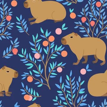 Seamless pattern with cute capybara and orange trees. Vector hand-drawn doo.. Stock Illustration