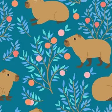 Seamless pattern with cute capybara and orange trees. Vector hand-drawn doo.. Stock Illustration