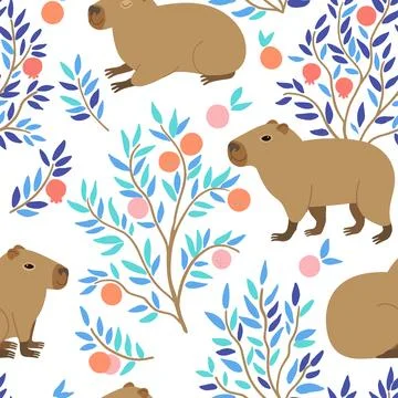 Seamless pattern with cute capybara and orange trees. Vector hand-drawn doo.. Stock Illustration
