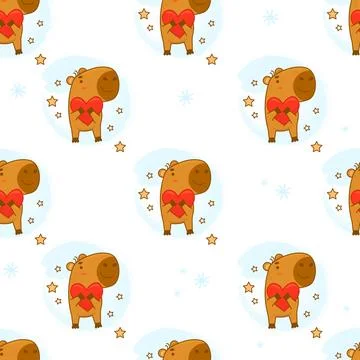 Seamless pattern. Cute capybara animal character with heart on white backgr.. Stock Illustration