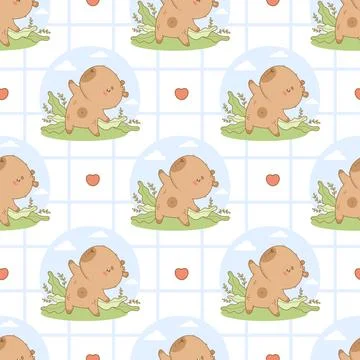 Seamless Pattern Cute capybara athlete doing Pilates stretching in nature. .. Stock Illustration