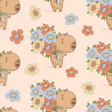 Seamless Pattern with Cute Capybara Big Holding Bouquet of Flowers on light Pink Stock Illustration