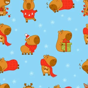 Seamless pattern with Cute capybara on blue background. Vector illustration.. Stock Illustration