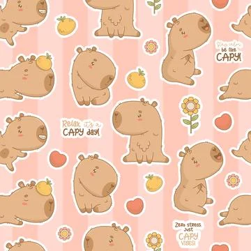 Seamless pattern. Cute Capybara cartoon kawaii character on striped pink ba.. 스톡 일러스트