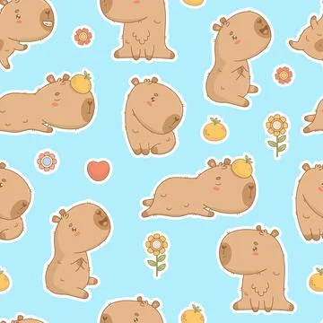 Seamless pattern. Cute Capybara cartoon character on blue background with Stock Illustration