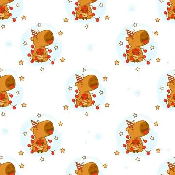 Seamless pattern. Cute capybara with Christmas gift and garland on white ba.. Stock Illustration