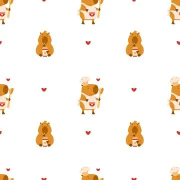 Seamless pattern. Cute capybara with coffee and animal cook on white backgr.. Stock Illustration