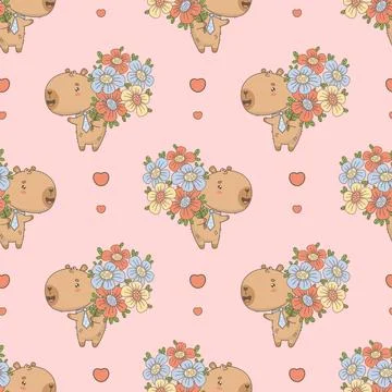 Seamless Pattern with Cute Capybara Holding Bouquet of Flowers on Pink Back.. Stock Illustration