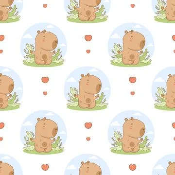 Seamless Pattern Cute capybara meditates in lotus pose in nature. Funny car.. Stock Illustration