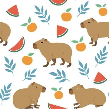 Seamless pattern with cute capybara, oranges and watermelon. Vector hand-dr.. Stock Illustration