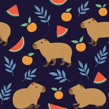 Seamless pattern with cute capybara, oranges and watermelon. Vector hand-dr.. Stock Illustration