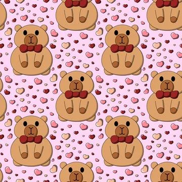 Seamless pattern with Cute Capybara with small hearts 스톡 일러스트