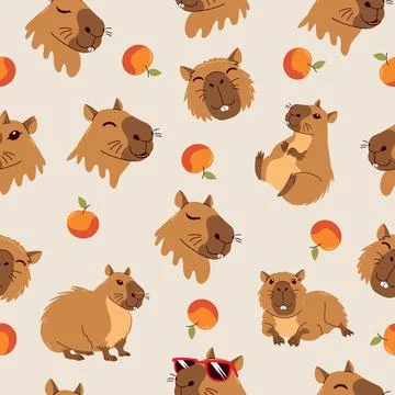 Seamless Pattern with Cute Capybaras and Peaches on Cream Background. Trend.. Stock Illustration