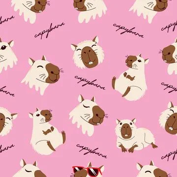 Seamless Pattern with Cute Capybaras and Lettering on Pink Background. Tren.. Illustration