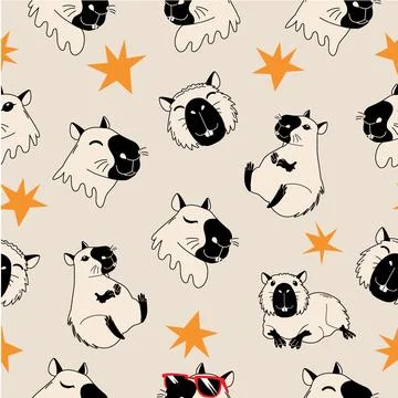 Seamless Pattern with Cute Capybaras and Orange Stars on Cream Background. .. Illustration
