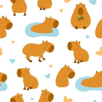 Seamless pattern. Cute capybaras on white background. Vector illustration f.. Stock Illustration