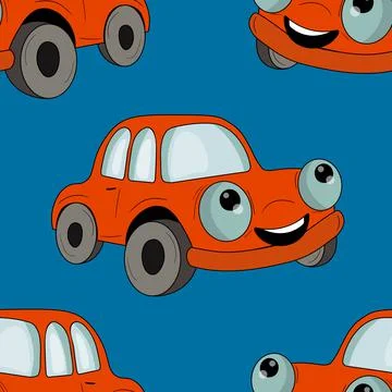 Seamless pattern with cute car on color background. Cartoot transport. Vector Stock Illustration