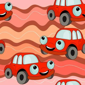 Seamless pattern with cute car on color background. Cartoot transport. Vector Illustrazione stock