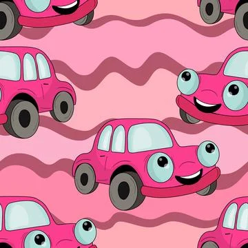 Seamless pattern with cute car on color background. Cartoot transport. Vector Illustrazione stock