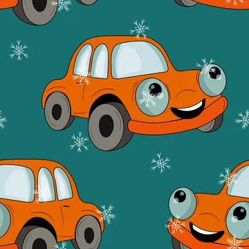 Seamless pattern with cute car on color background. Cartoot transport. Vector イラスト素材