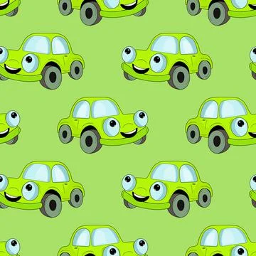 Seamless pattern with cute car on color background. Cartoot transport. Vector Stock Illustration
