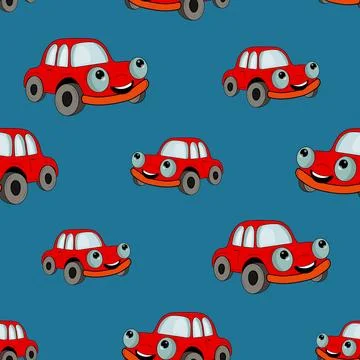 Seamless pattern with cute car on color background. Cartoot transport. Vector 스톡 일러스트